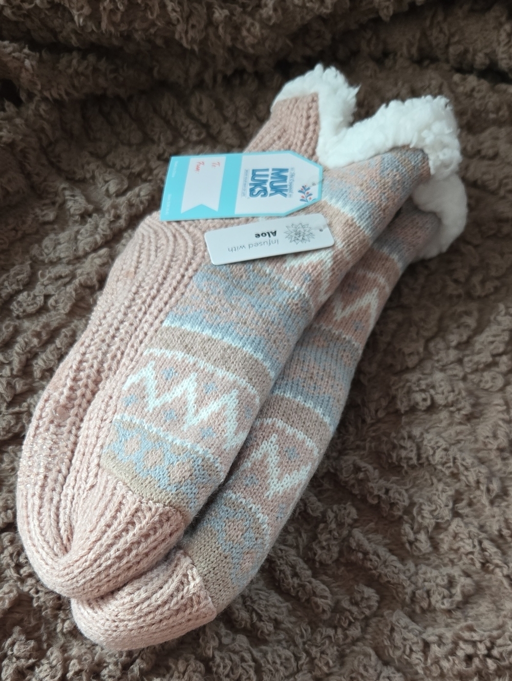 Muk Luks Knit Sherpa-Lined Slipper Sock - Blush and White